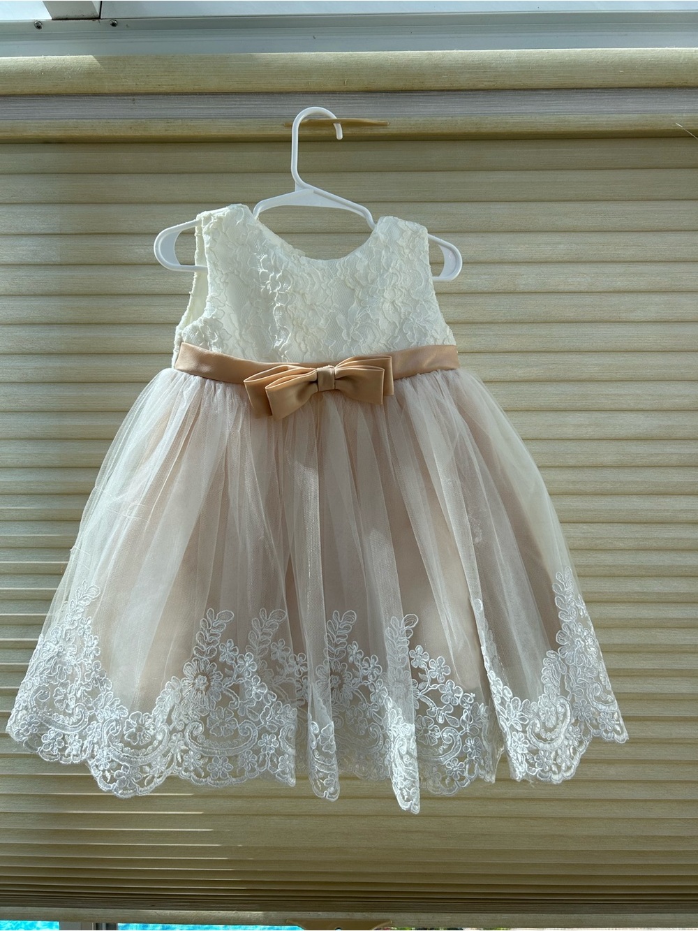Ivory Lace and Blush Tulle Girls' Formal Dress with Satin Bow